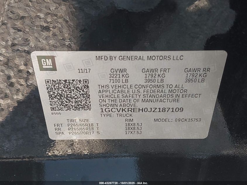 2018 Chevrolet Silverado 1500 1Lt VIN: 1GCVKREH0JZ187109 Lot: 43287728
