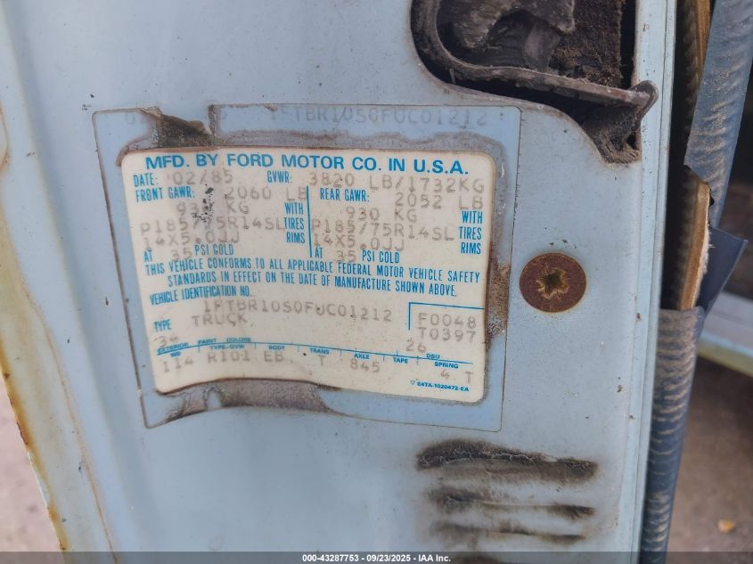 1985 Ford Ranger VIN: 1FTBR10S0FUC01212 Lot: 43287753