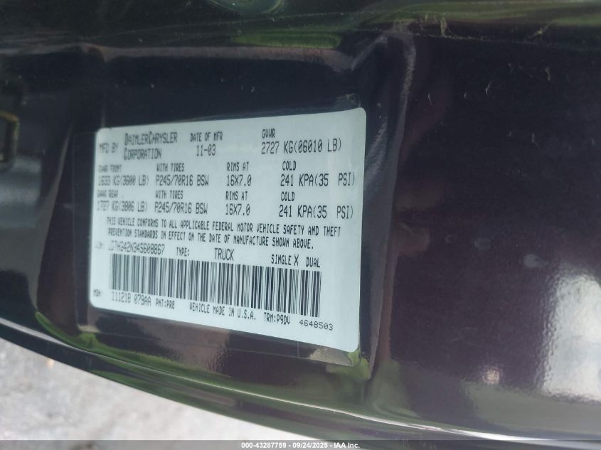 2004 Dodge Dakota Slt VIN: 1D7HG42N34S608867 Lot: 43287759