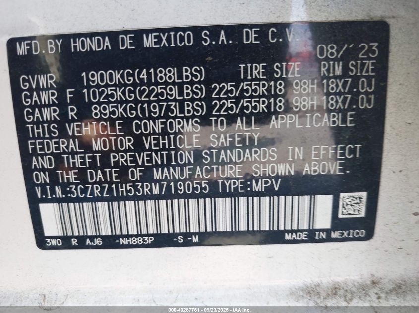 2024 Honda Hr-V 2Wd Sport/2Wd Sport W/O Bsi VIN: 3CZRZ1H53RM719055 Lot: 43287761