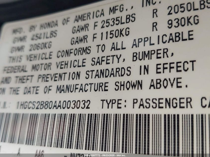 2010 Honda Accord 3.5 Ex-L VIN: 1HGCS2B80AA003032 Lot: 43287772