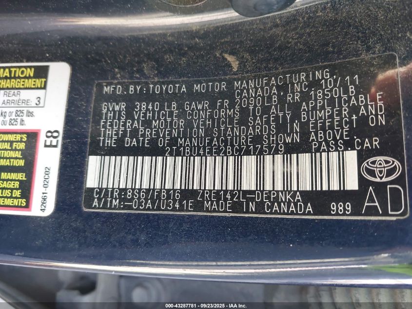 2011 Toyota Corolla Le VIN: 2T1BU4EE2BC717579 Lot: 43287781