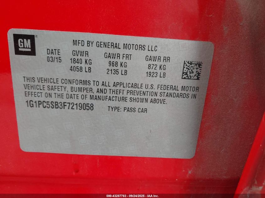 2015 Chevrolet Cruze 1Lt Auto VIN: 1G1PC5SB3F7219058 Lot: 43287783