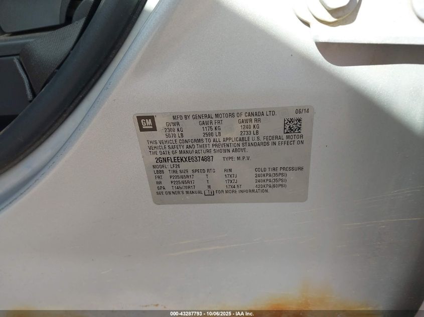 2014 Chevrolet Equinox Ls VIN: 2GNFLEEKXE6374887 Lot: 43287793