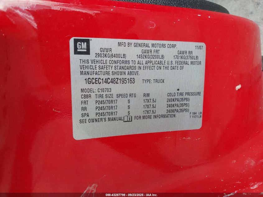 2008 Chevrolet Silverado 1500 Lt1 VIN: 1GCEC14C48Z195163 Lot: 43287798