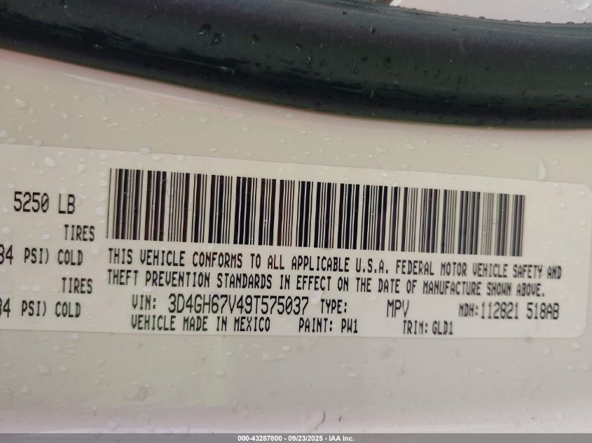 2009 Dodge Journey R/T VIN: 3D4GH67V49T575037 Lot: 43287800