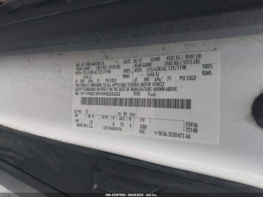 2017 Ford Transit-250 VIN: 1FTYR2CM1HKB25222 Lot: 43287809