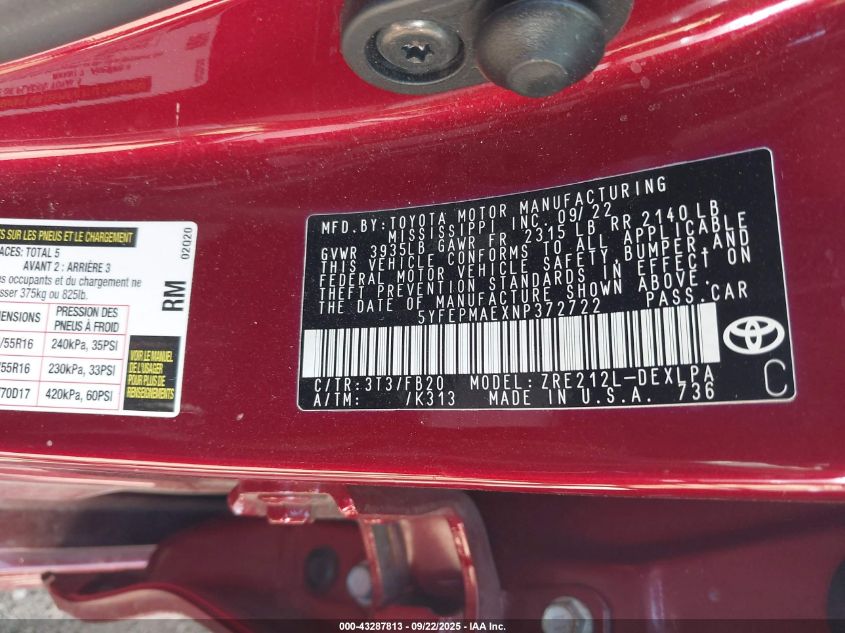 2022 Toyota Corolla Le VIN: 5YFEPMAEXNP372722 Lot: 43287813