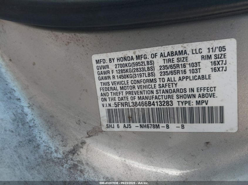 2006 Honda Odyssey Ex VIN: 5FNRL38466B413283 Lot: 43287836