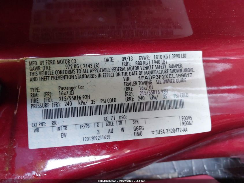 2014 Ford Focus Se VIN: 1FADP3F2XEL169817 Lot: 43287843