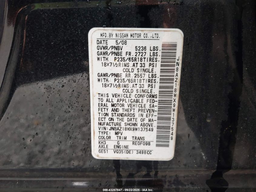 2009 Nissan Murano Sl VIN: JN8AZ18WX9W137549 Lot: 43287847