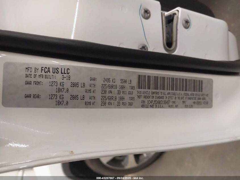 2019 Jeep Cherokee Limited 4X4 VIN: 1C4PJMDX8KD135457 Lot: 43287867