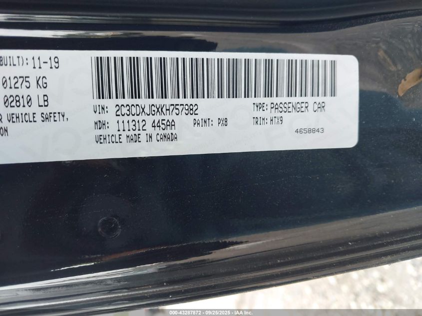 2019 Dodge Charger Sxt Awd VIN: 2C3CDXJGXKH757982 Lot: 43287872