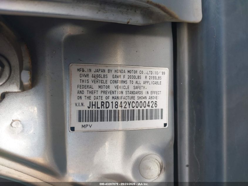 2000 Honda Cr-V Lx VIN: JHLRD1842YC000426 Lot: 43287879