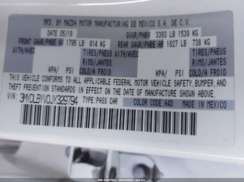 2018 Toyota Yaris Ia VIN: 3MYDLBYV0JY329794 Lot: 43287880