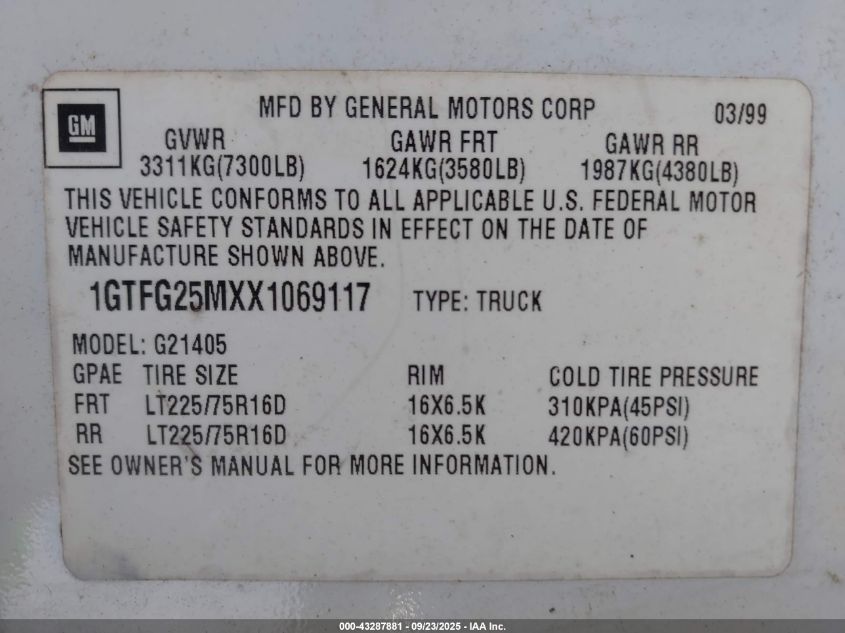 1999 GMC Savana Standard VIN: 1GTFG25MXX1069117 Lot: 43287881
