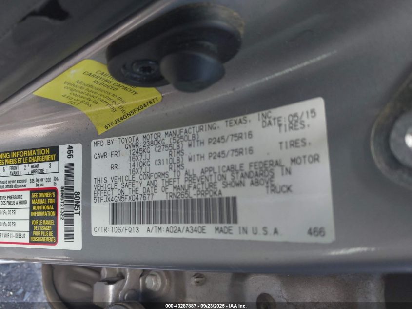 2015 Toyota Tacoma Prerunner VIN: 5TFJX4GN5FX047677 Lot: 43287887