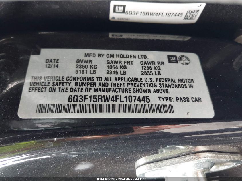 2015 Chevrolet Ss VIN: 6G3F15RW4FL107445 Lot: 43287898