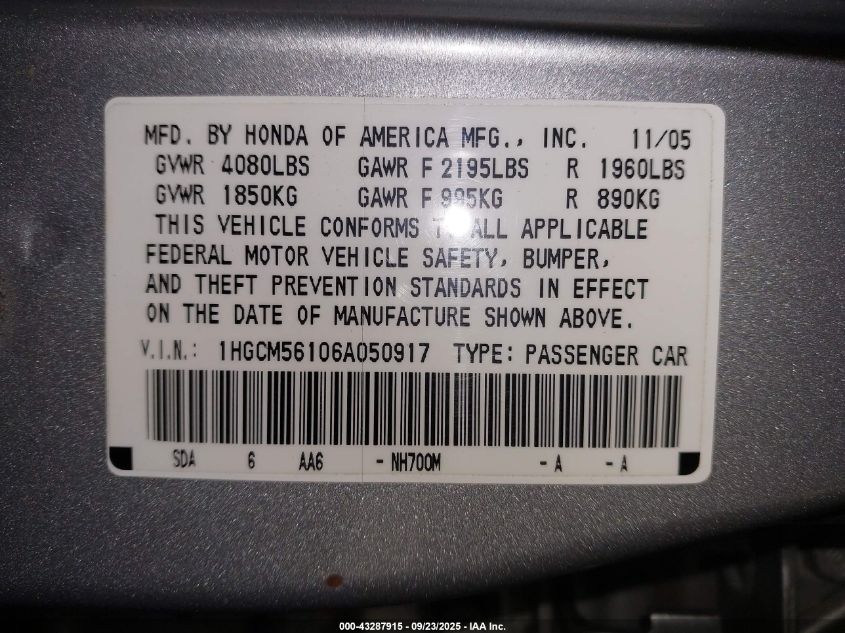2006 Honda Accord 2.4 Vp VIN: 1HGCM56106A050917 Lot: 43287915