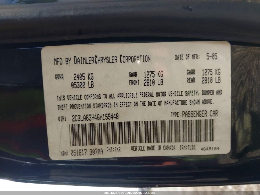 2006 Chrysler 300C VIN: 2C3LA63H46H159448 Lot: 43287921