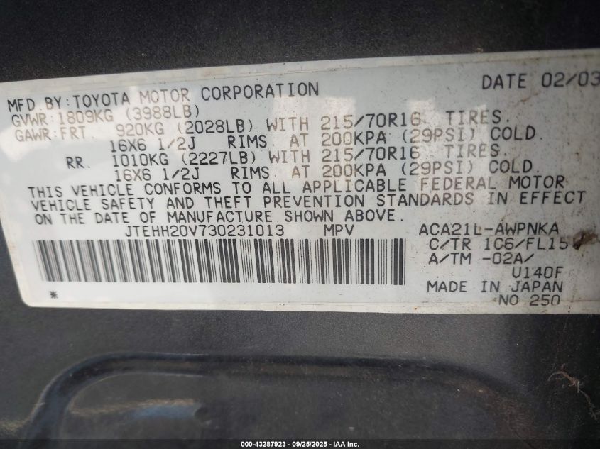 2003 Toyota Rav4 VIN: JTEHH20V730231013 Lot: 43287923