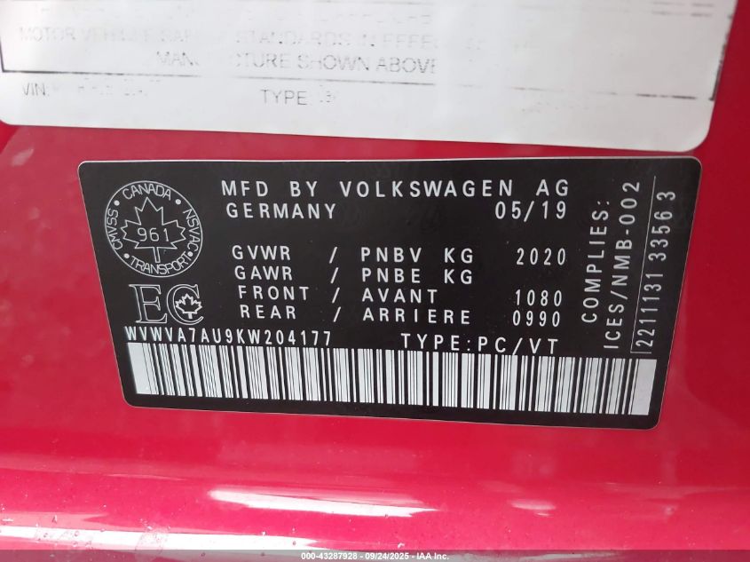 2019 Volkswagen Golf R 2.0T W/Dcc Navigation VIN: WVWVA7AU9KW204177 Lot: 43287928