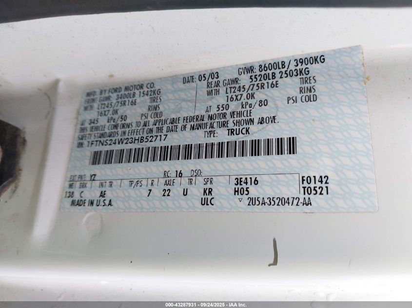 2003 Ford E-250 Commercial/Recreational VIN: 1FTNS24W23HB52717 Lot: 43287931