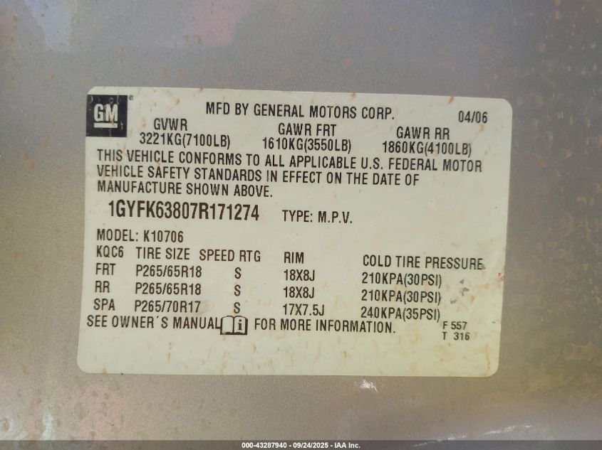 2007 Cadillac Escalade Standard VIN: 1GYFK63807R171274 Lot: 43287940
