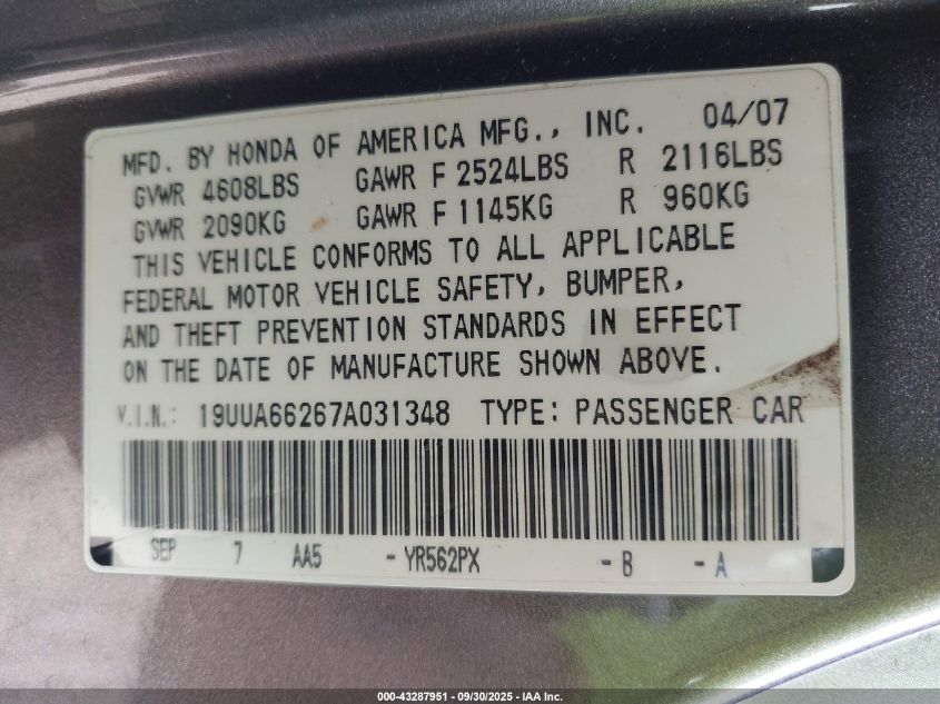 2007 Acura Tl 3.2 VIN: 19UUA66267A031348 Lot: 43287951