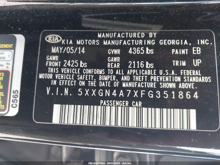 2015 Kia Optima Ex VIN: 5XXGN4A7XFG351864 Lot: 43287954