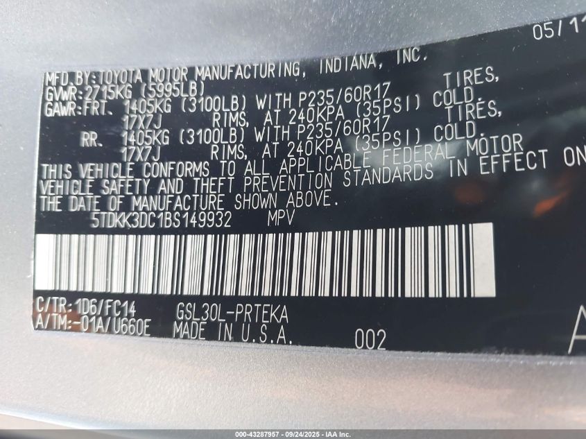 2011 Toyota Sienna Le V6 VIN: 5TDKK3DC1BS149932 Lot: 43287957