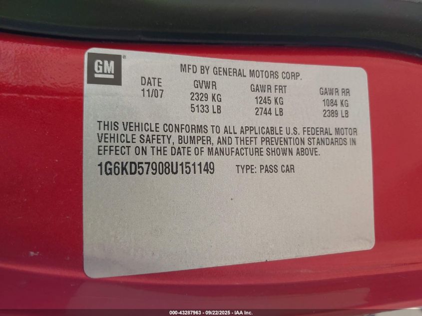 2008 Cadillac Dts 1Se VIN: 1G6KD57908U151149 Lot: 43287963
