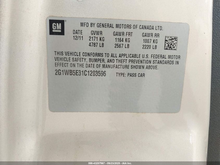 2012 Chevrolet Impala Lt VIN: 2G1WB5E31C1203596 Lot: 43287967