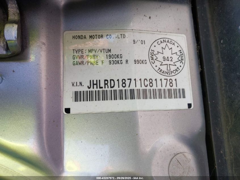 2001 Honda Cr-V Special Edition VIN: JHLRD18711C811781 Lot: 43287973