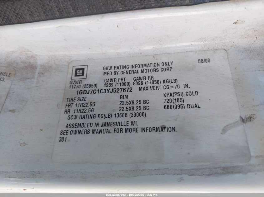 2000 GMC Tf7B064 VIN: 1GDJ7C1C3YJ527672 Lot: 43287992