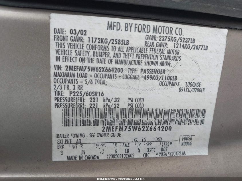 2002 Mercury Grand Marquis Ls VIN: 2MEFM75W62X664200 Lot: 43287997