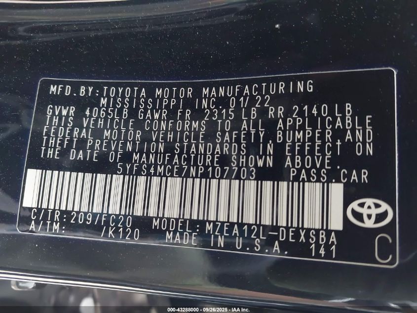 2022 Toyota Corolla Se VIN: 5YFS4MCE7NP107703 Lot: 43288000