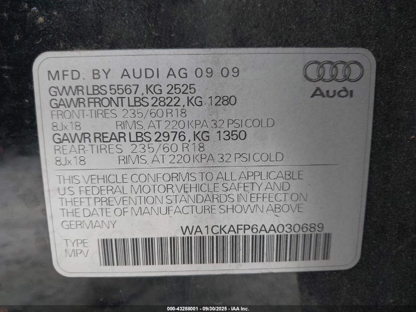 2010 Audi Q5 3.2 Premium VIN: WA1CKAFP6AA030689 Lot: 43288001