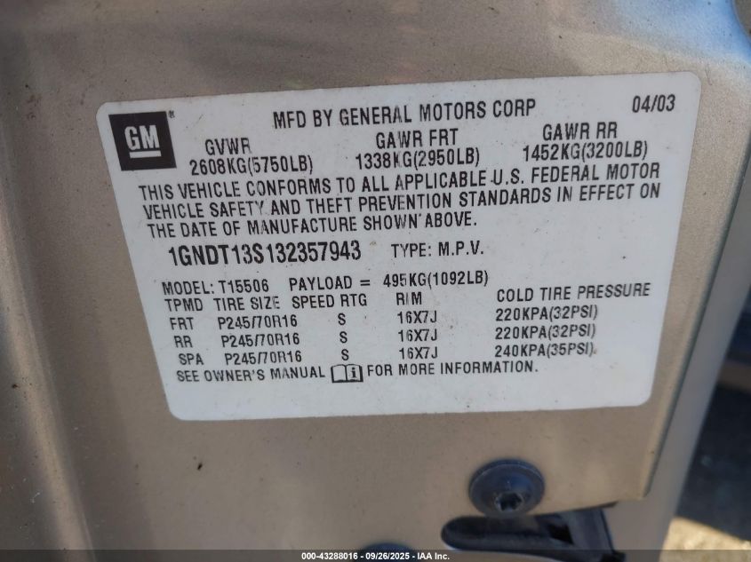 2003 Chevrolet Trailblazer Ls VIN: 1GNDT13S132357943 Lot: 43288016