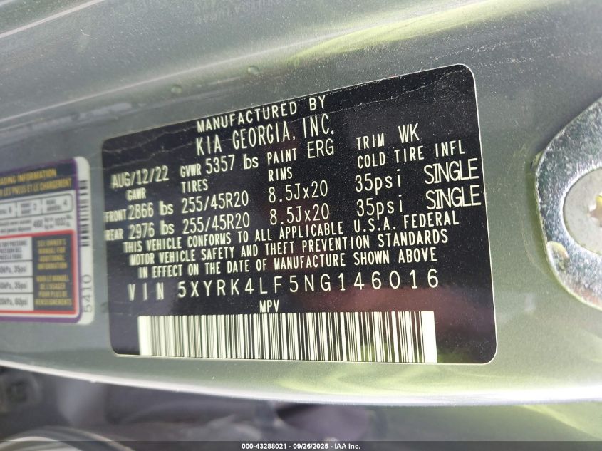 2022 Kia Sorento Sx Prestige VIN: 5XYRK4LF5NG146016 Lot: 43288021