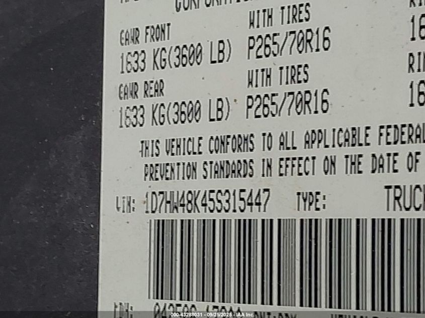 2005 Dodge Dakota Slt VIN: 1D7HW48K45S315447 Lot: 43288031