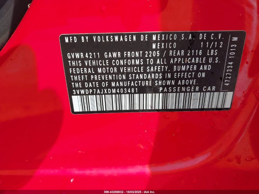 2013 Volkswagen Jetta 2.5L Se VIN: 3VWDP7AJXDM403481 Lot: 43288032