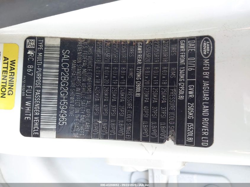 2016 Land Rover Discovery Sport Se VIN: SALCP2BG2GH594965 Lot: 43288052