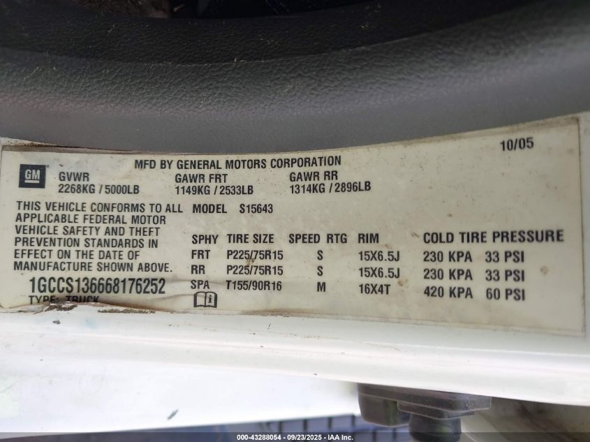 2006 Chevrolet Colorado Lt VIN: 1GCCS136668176252 Lot: 43288054