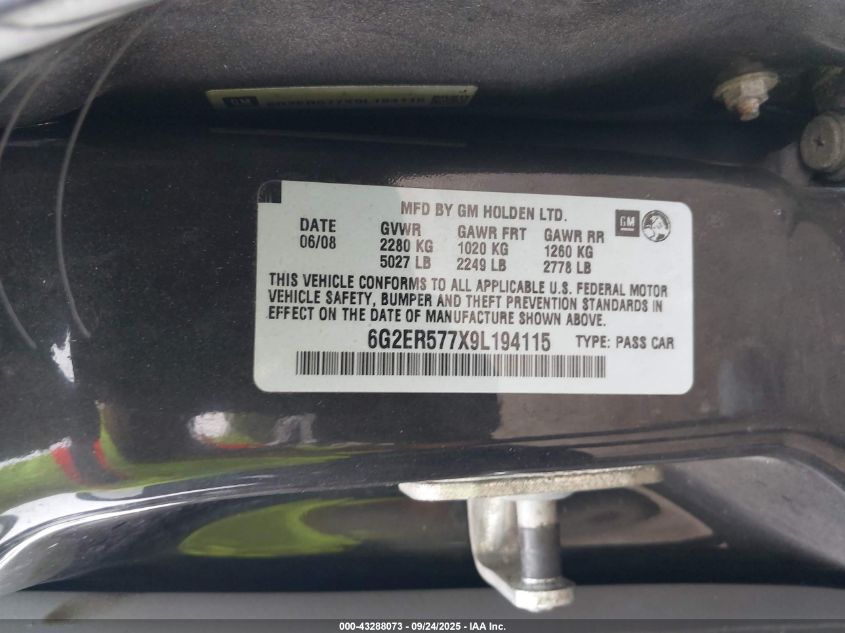 2009 Pontiac G8 VIN: 6G2ER577X9L194115 Lot: 43288073