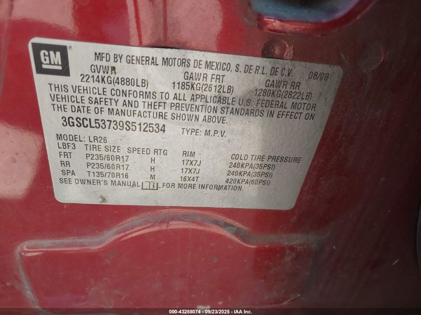 2009 Saturn Vue V6 Xr VIN: 3GSCL53739S512534 Lot: 43288074