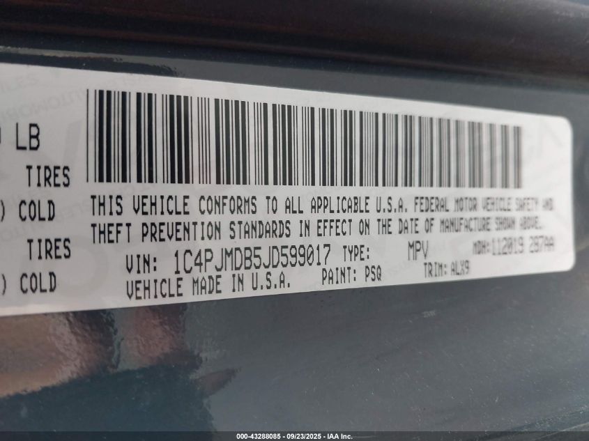 2018 Jeep Cherokee Limited 4X4 VIN: 1C4PJMDB5JD599017 Lot: 43288085