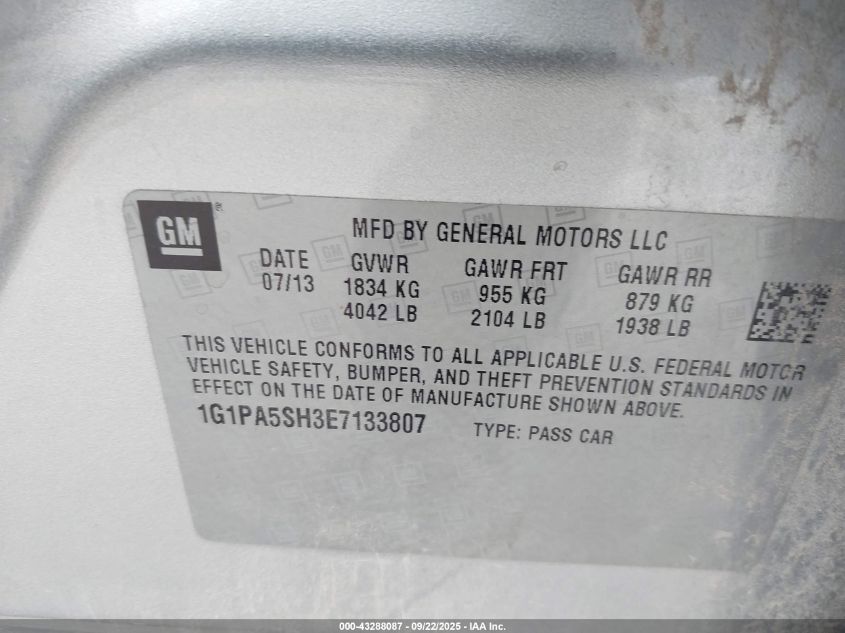 2014 Chevrolet Cruze Ls Auto VIN: 1G1PA5SH3E7133807 Lot: 43288087