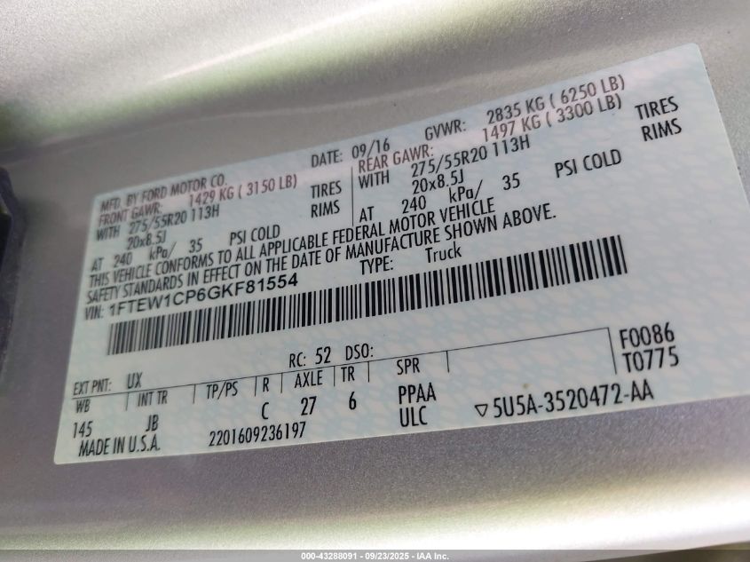 2016 Ford F-150 Xlt VIN: 1FTEW1CP6GKF81554 Lot: 43288091