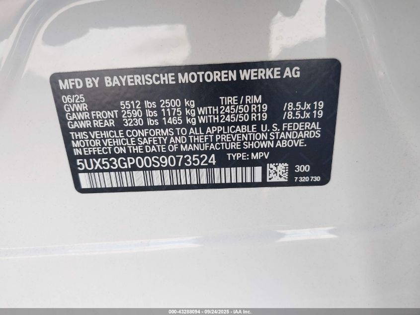 2025 BMW X3 30 xDrive VIN: 5UX53GP00S9073524 Lot: 43288094